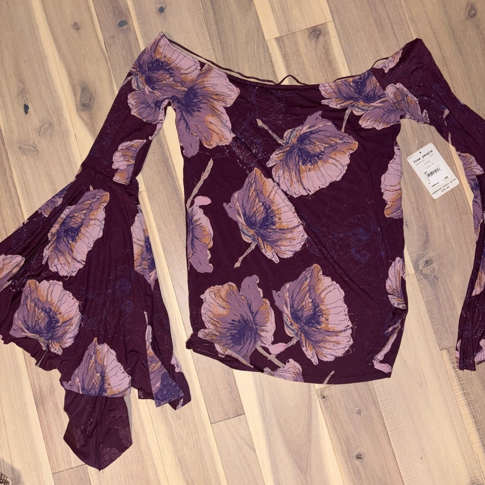 Free People Purple Floral Off-Shoulder Top